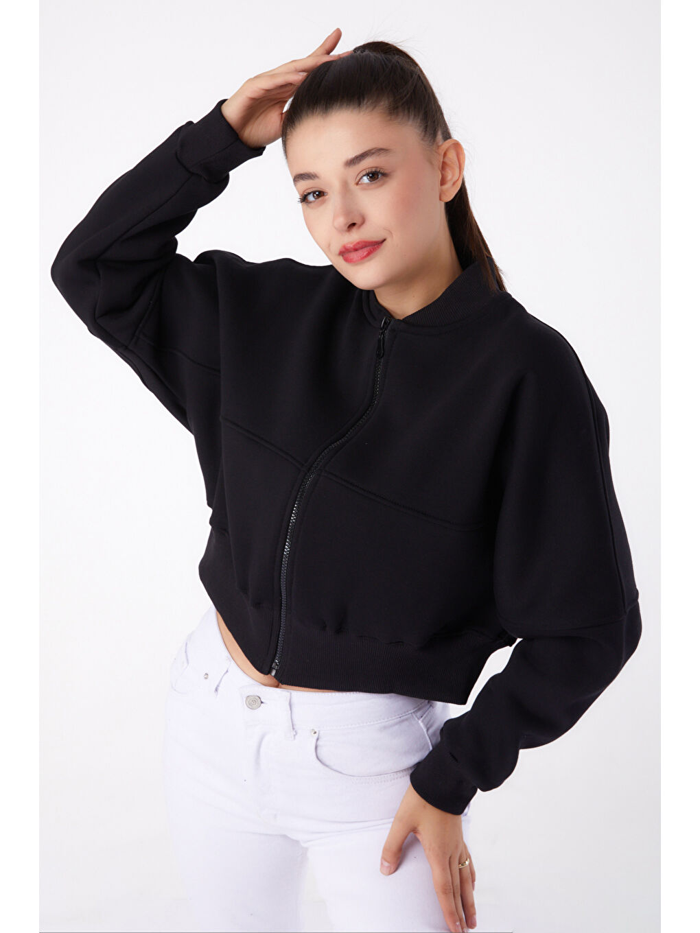 TOFİSA Düz Hakim Yaka Kadın Siyah Fermuarlı Crop Sweatshirt - 26274