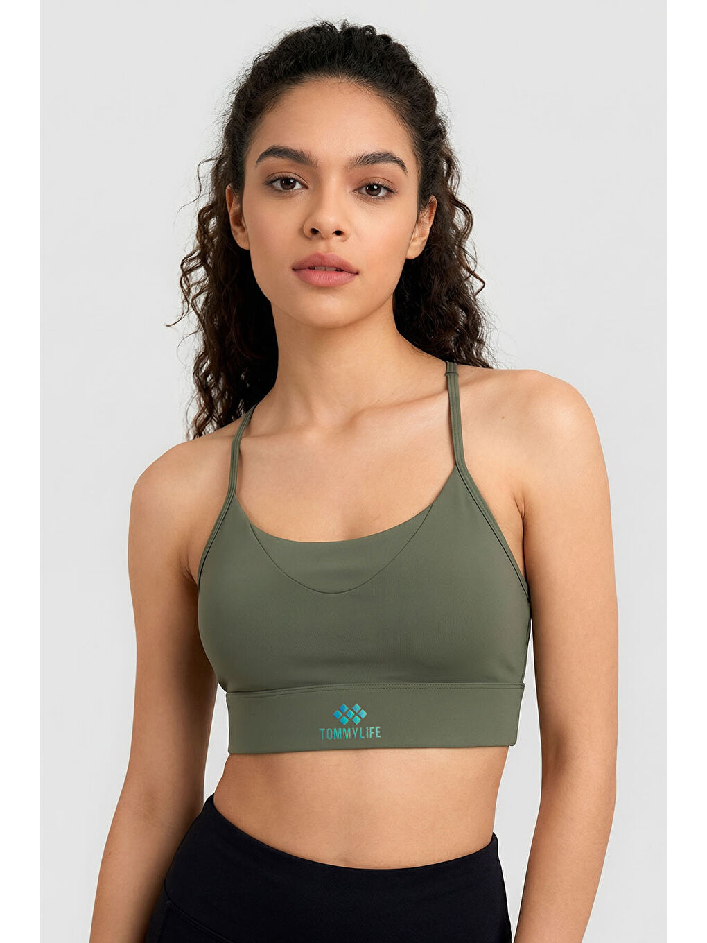 Haki Standart Fit Baskılı Sırt Detaylı Kadın Spor Büstiyer - 97300-4