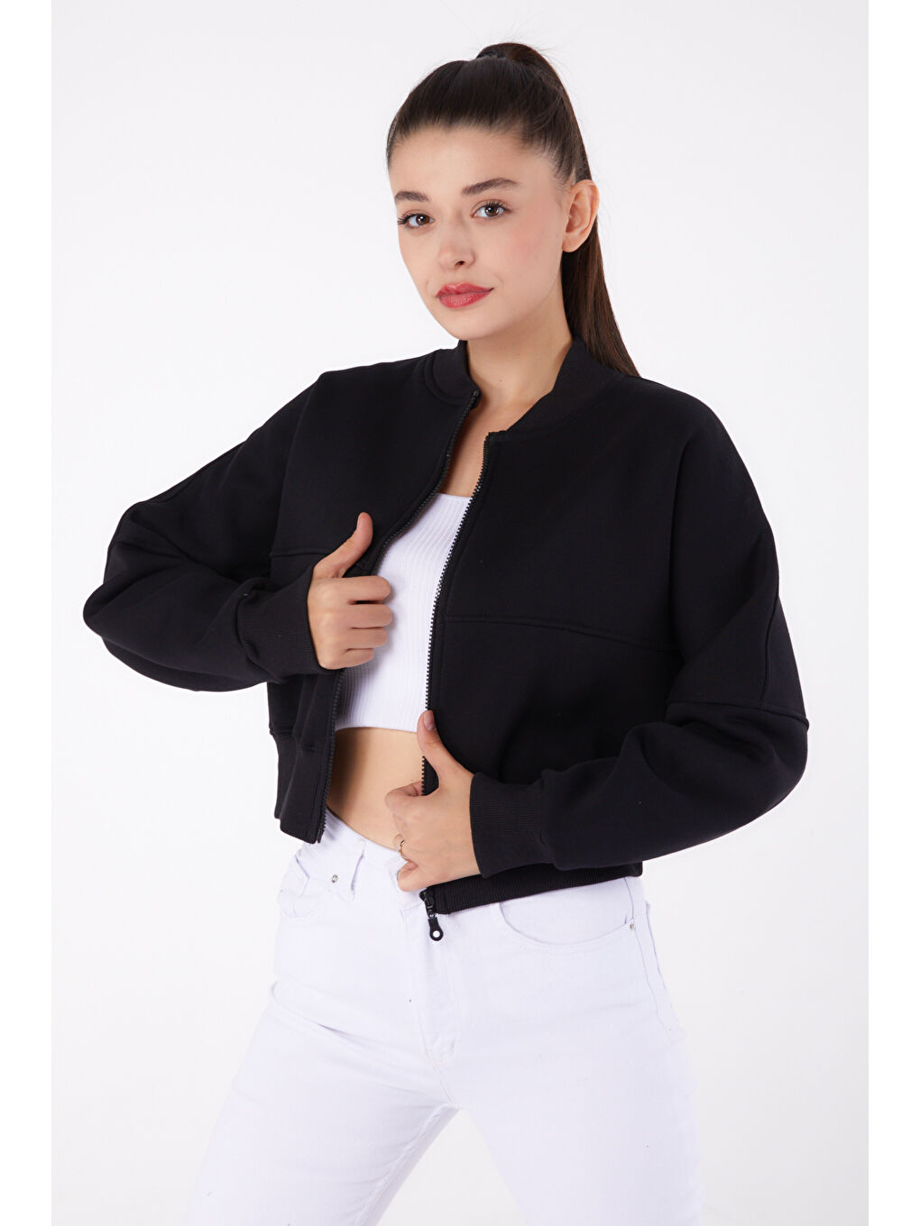 TOFİSA Düz Hakim Yaka Kadın Siyah Fermuarlı Crop Sweatshirt - 26274 - 1