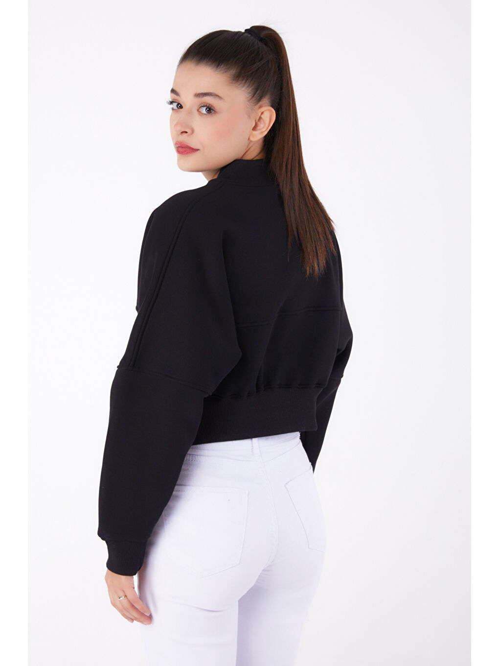 TOFİSA Düz Hakim Yaka Kadın Siyah Fermuarlı Crop Sweatshirt - 26274 - 3