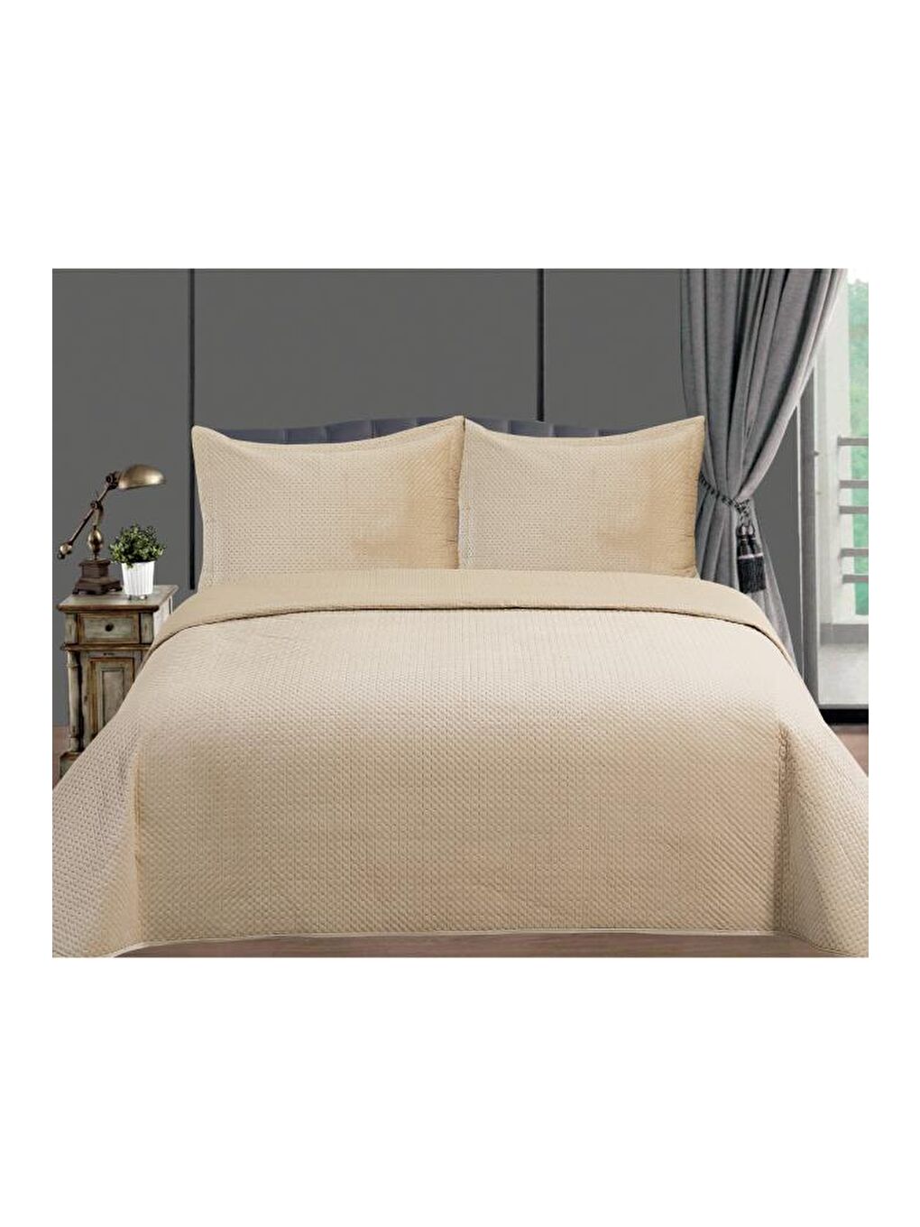 Toskana Tek Kişilik Lüks Kadife Yatak Örtüsü Bej-1