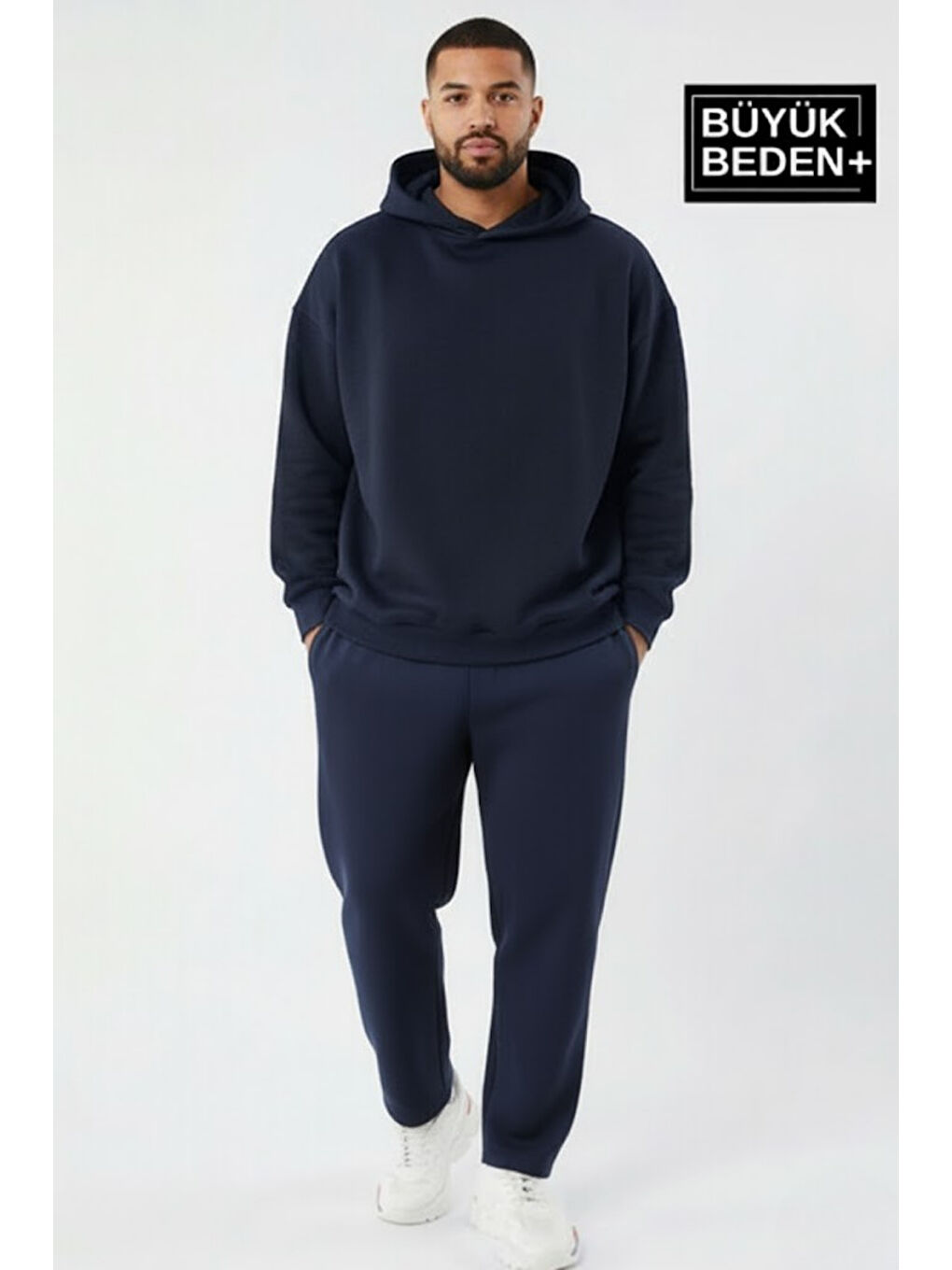 Lacivert Erkek Büyük Beden 2' li Set Kapüşonlu Kollar Ve Etek Ribanalı ince Swatshırt SPR26BSW957+2-2