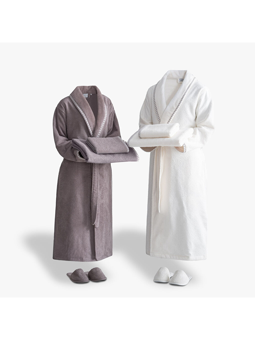 Bej Tria Aile Bornoz Seti 10 Parça %100 Pamuk Jakarlı Vizon-Krem M/L