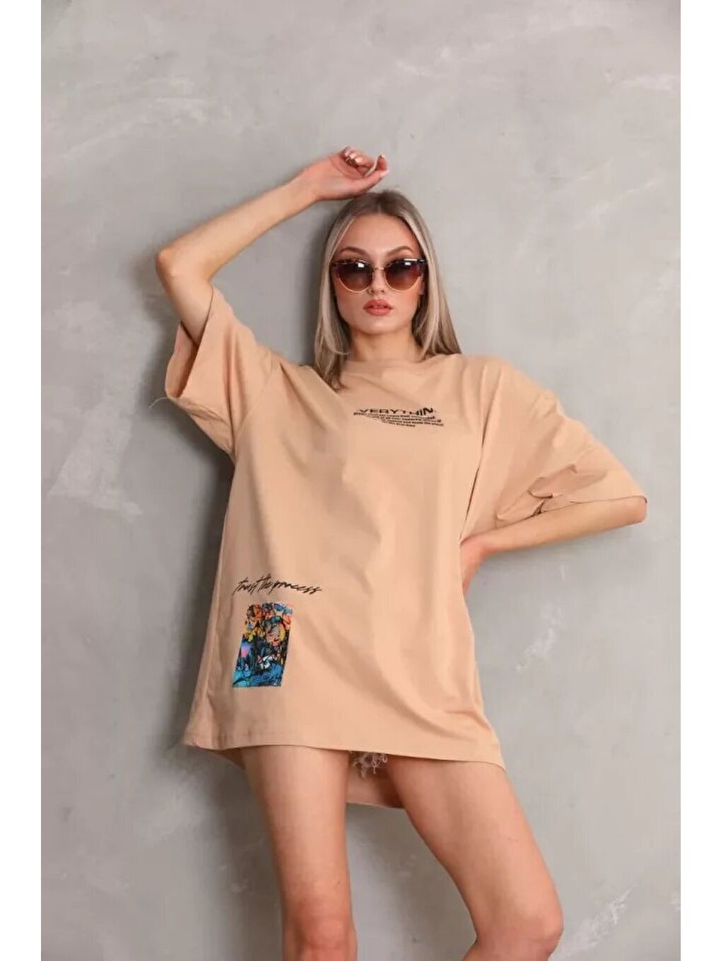 Unisex Bisiklet Yaka Baskılı Oversize T-Shirt - Bej-1