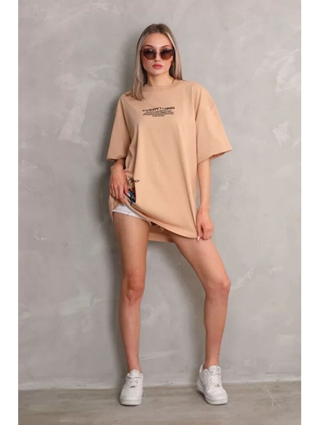 Unisex Bisiklet Yaka Baskılı Oversize T-Shirt - Bej-2