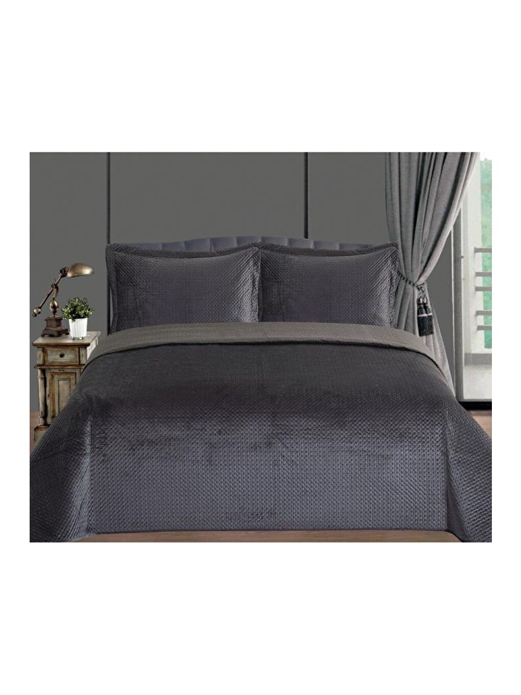 Toskana Tek Kişilik Lüks Kadife Yatak Örtüsü Antrasit-1