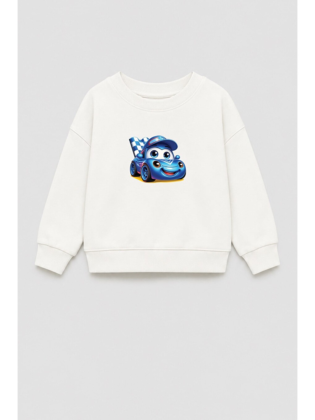 Ekru Erkek Çocuk 3 İplik Kumaş Araba Baskılı Pamuklu Sweatshirt