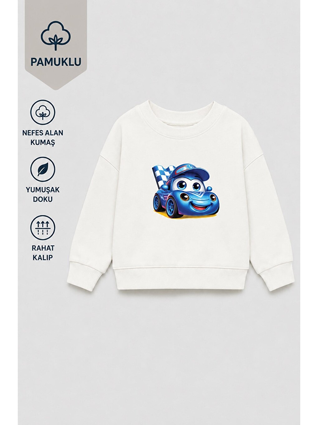 Ekru Erkek Çocuk 3 İplik Kumaş Araba Baskılı Pamuklu Sweatshirt-2