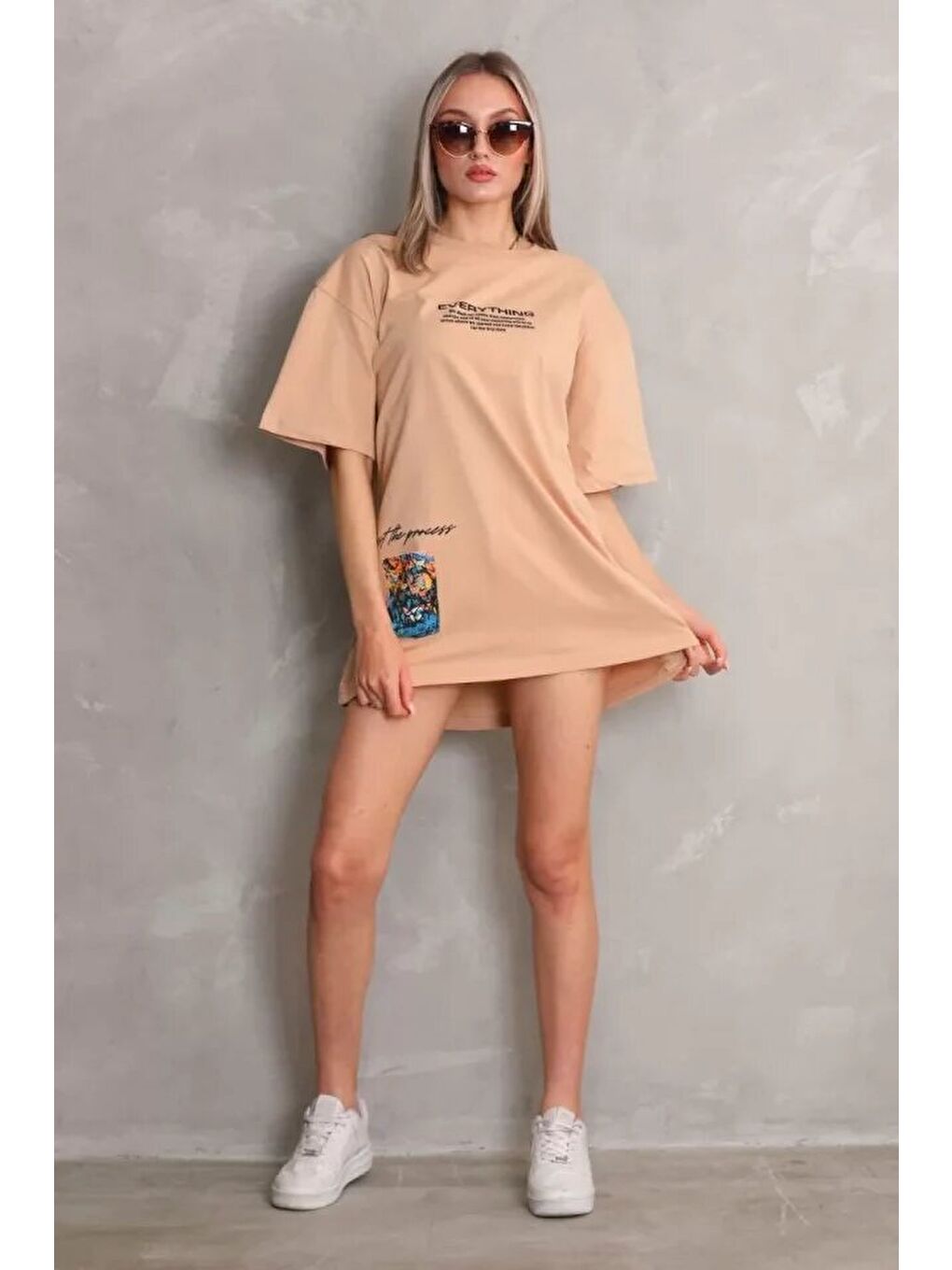 Unisex Bisiklet Yaka Baskılı Oversize T-Shirt - Bej-3
