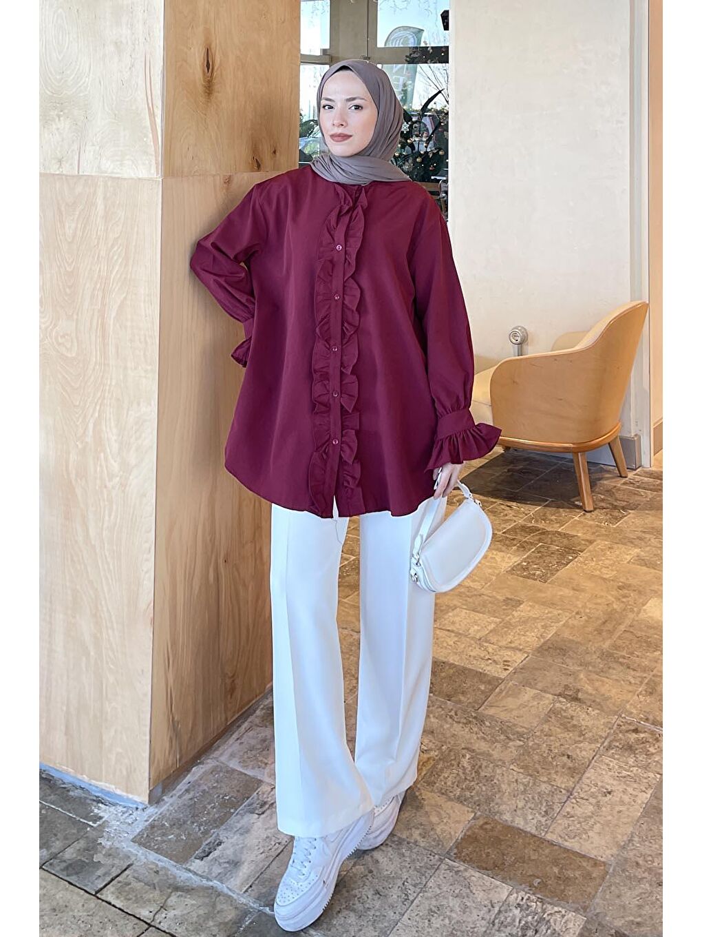 Flores Fırfırlı Tunik Bordo