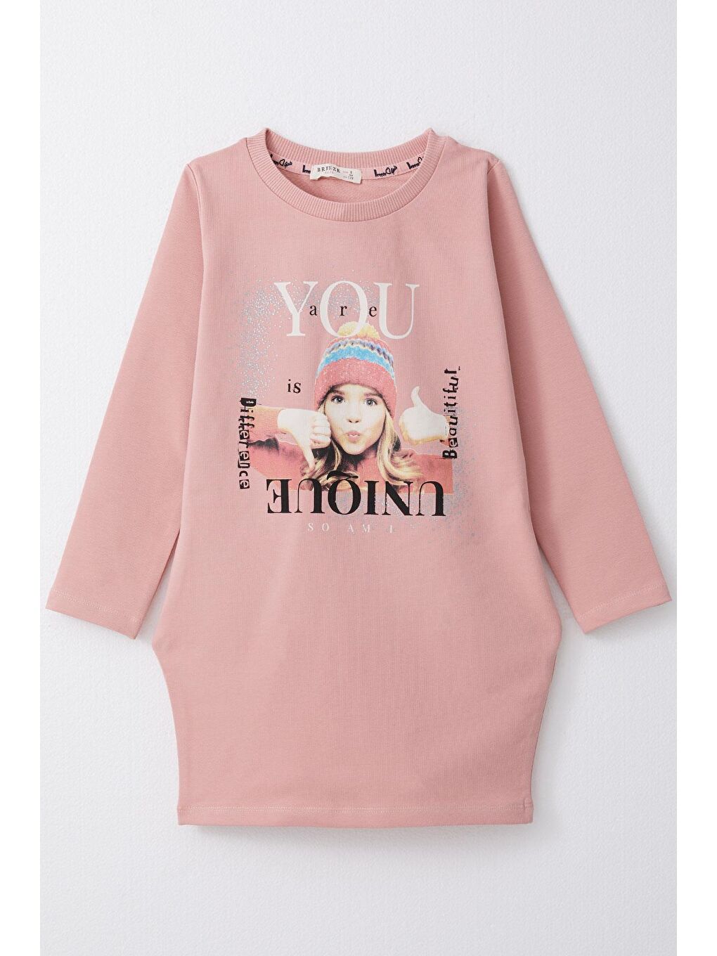 Pembe Kız Çocuk Tunik Elbise Şapkalı Kız Baskılı Gülkurusu (5-10 Yaş)