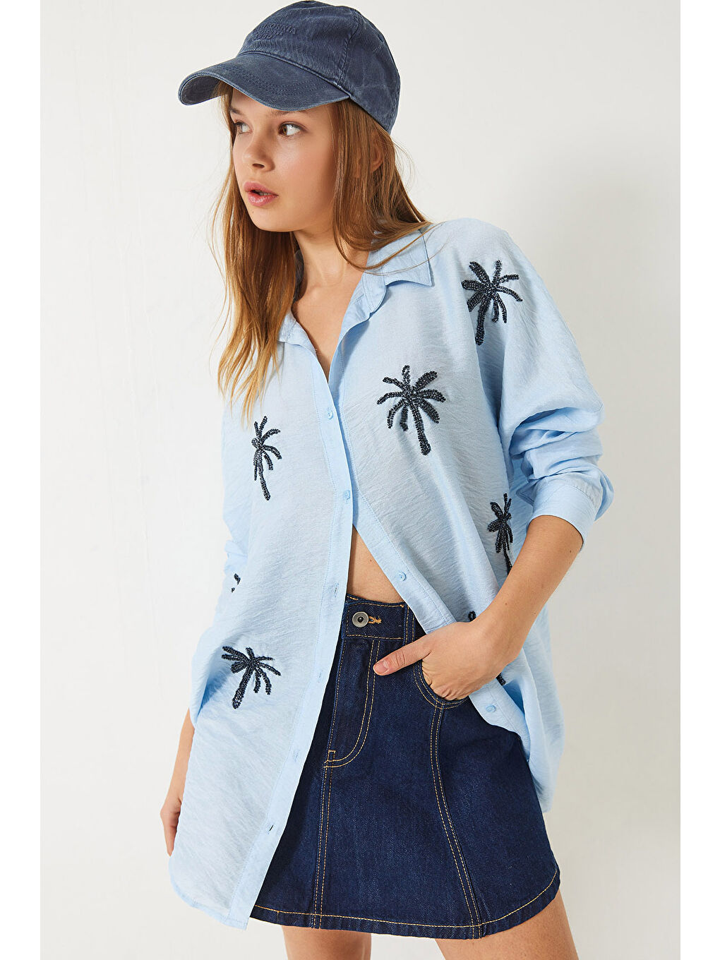 Mavi Kadın Palmiyeli Boncuk Taş İşlemeli Aerobin Oversize Gömlek
