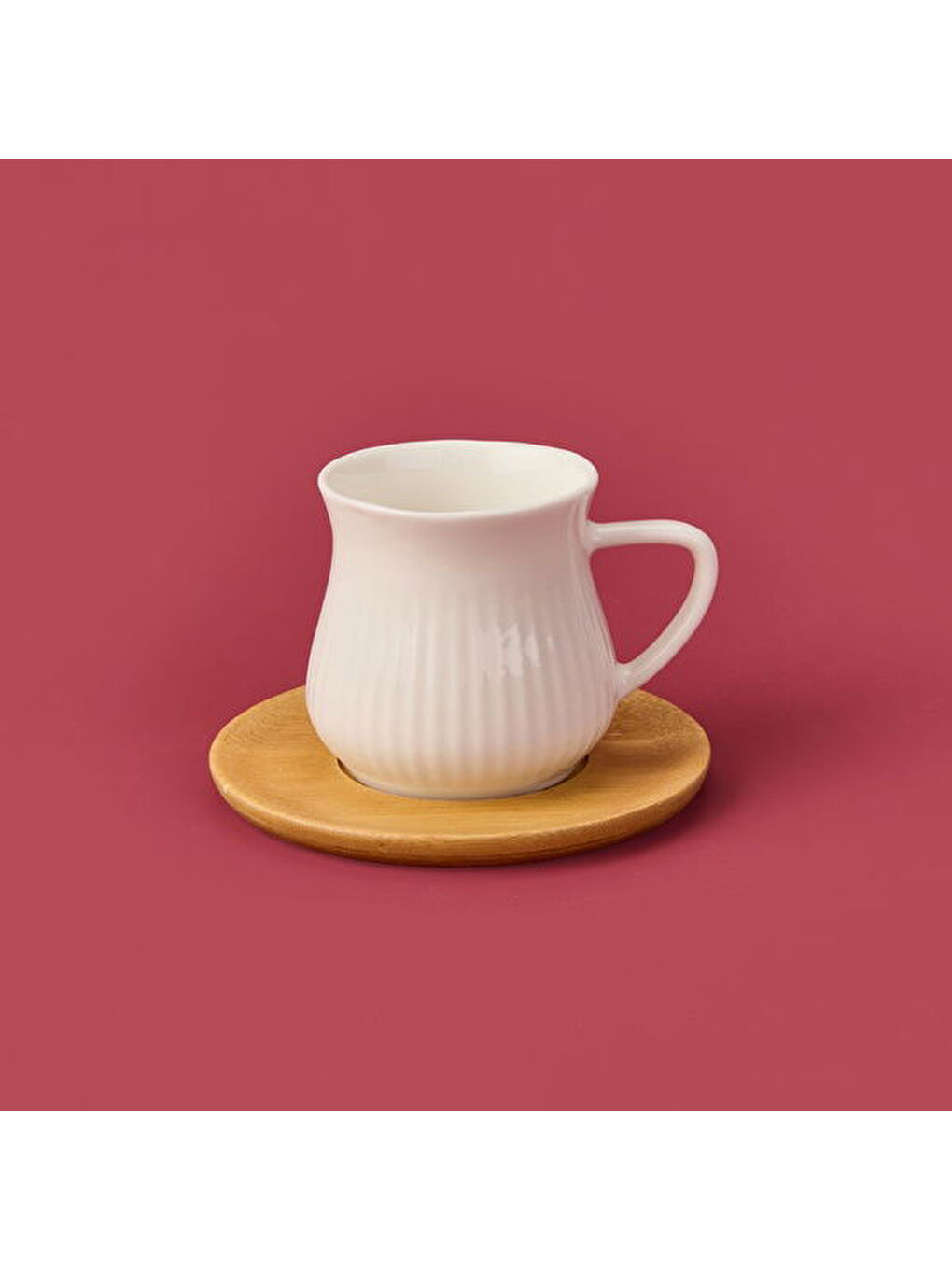 Bambu Tabaklı Çizgili Fincan Seti - Açık Kahverengi / Beyaz - 100 ml