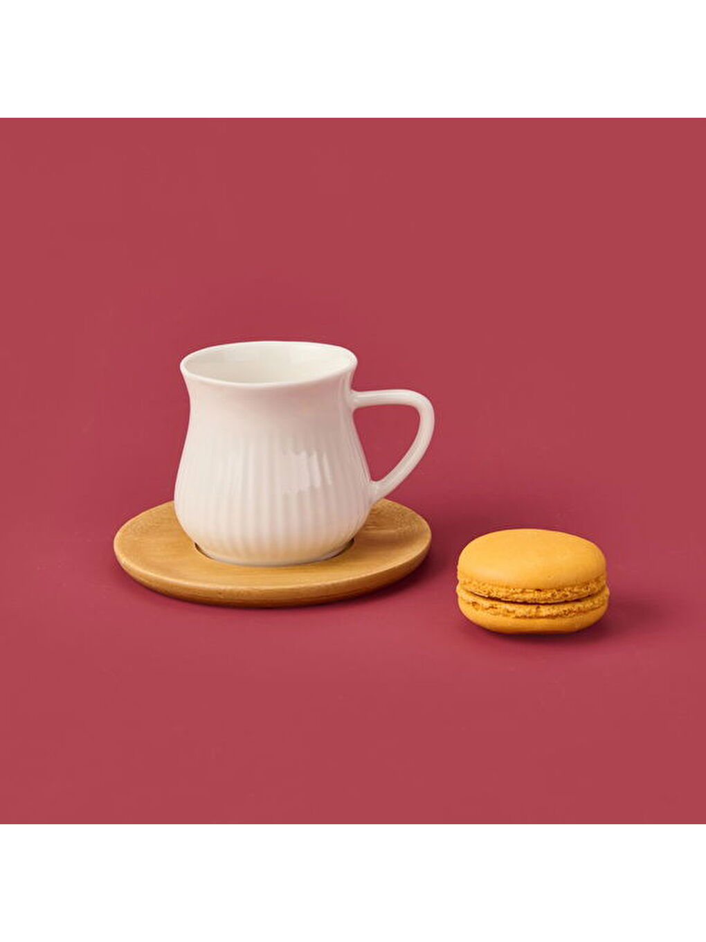 Bambu Tabaklı Çizgili Fincan Seti - Açık Kahverengi / Beyaz - 100 ml-1