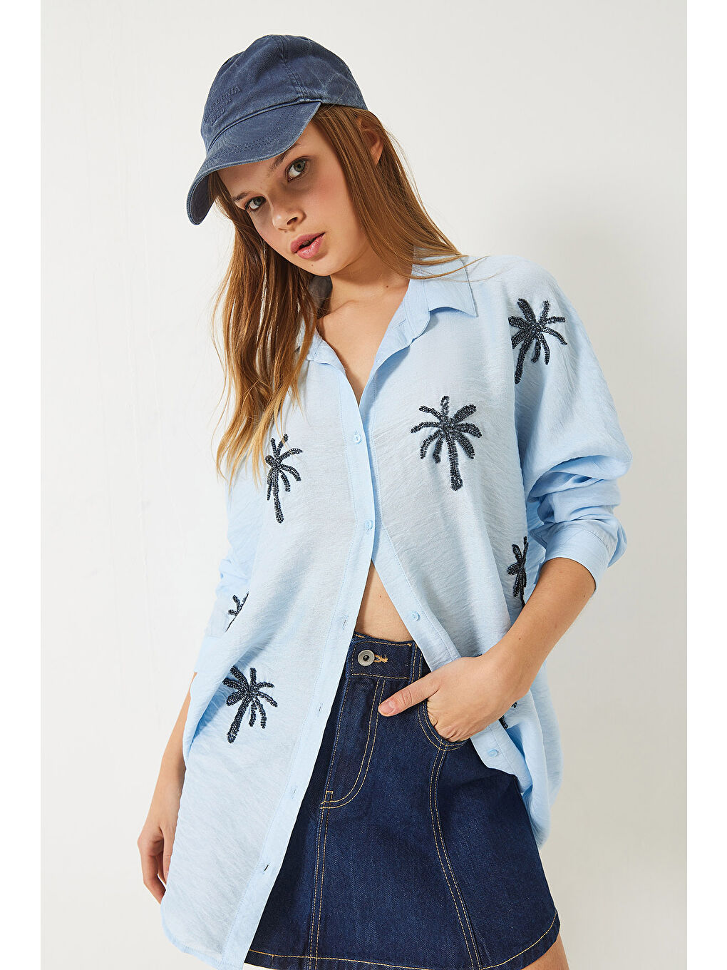 Mavi Kadın Palmiyeli Boncuk Taş İşlemeli Aerobin Oversize Gömlek-2