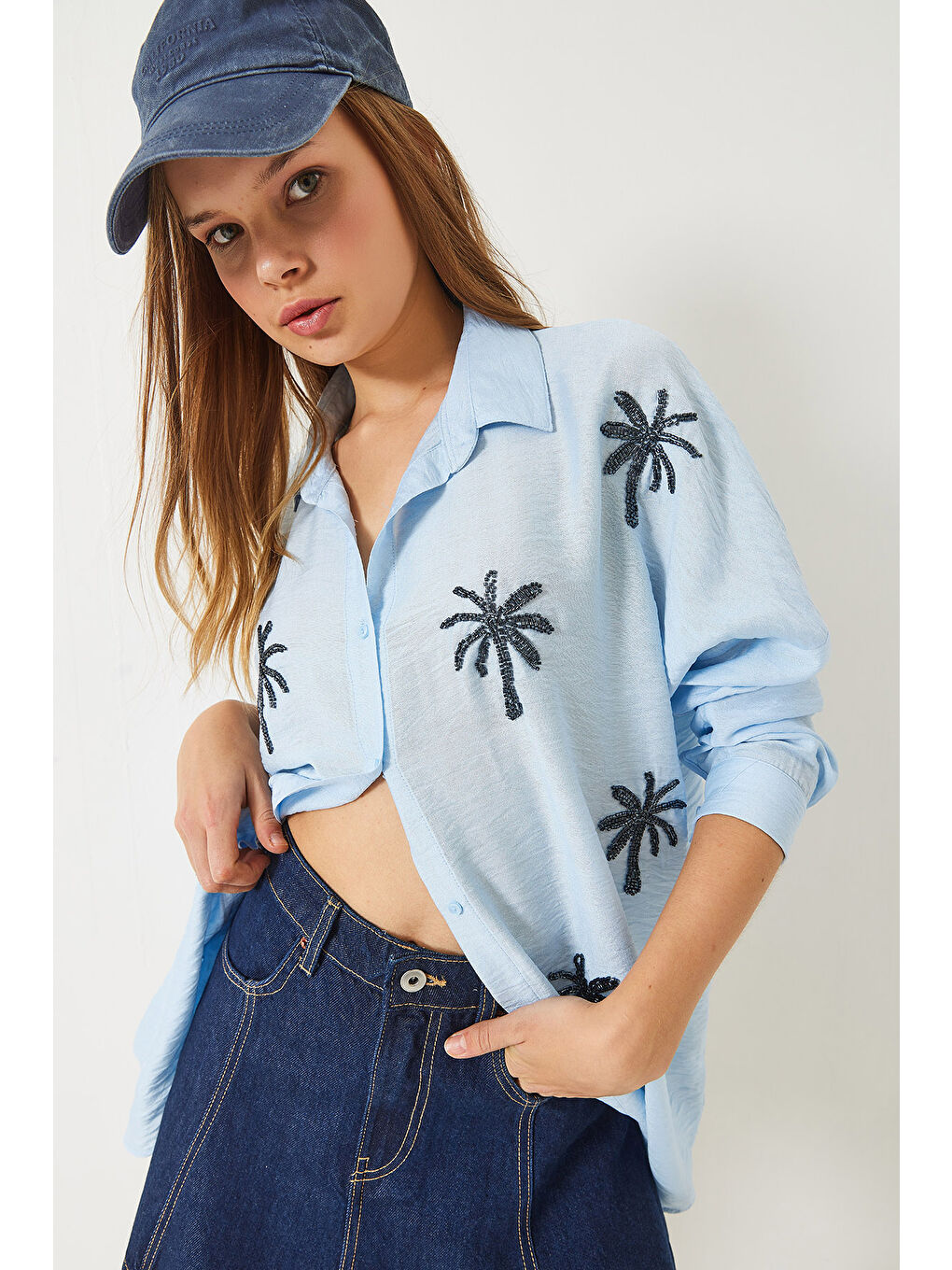 Mavi Kadın Palmiyeli Boncuk Taş İşlemeli Aerobin Oversize Gömlek-3