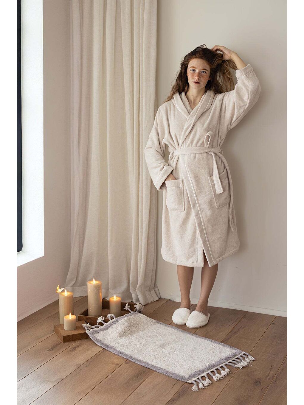 Miro %100 Pamuk Kadın Bornoz Bej