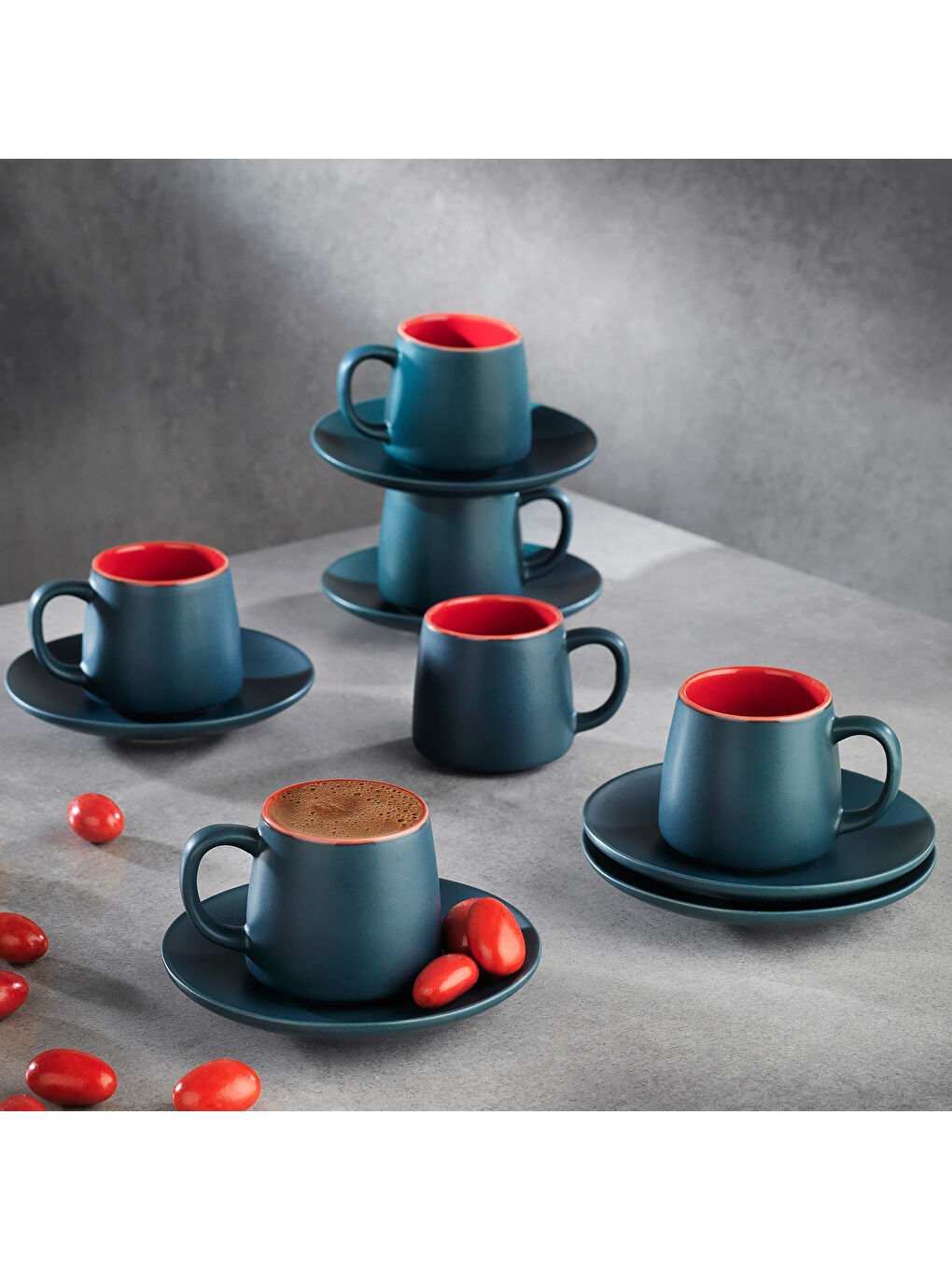 Aurora 6 Kişilik Kahve Fincan Seti 12 Parça-Lacivert/Kırmızı