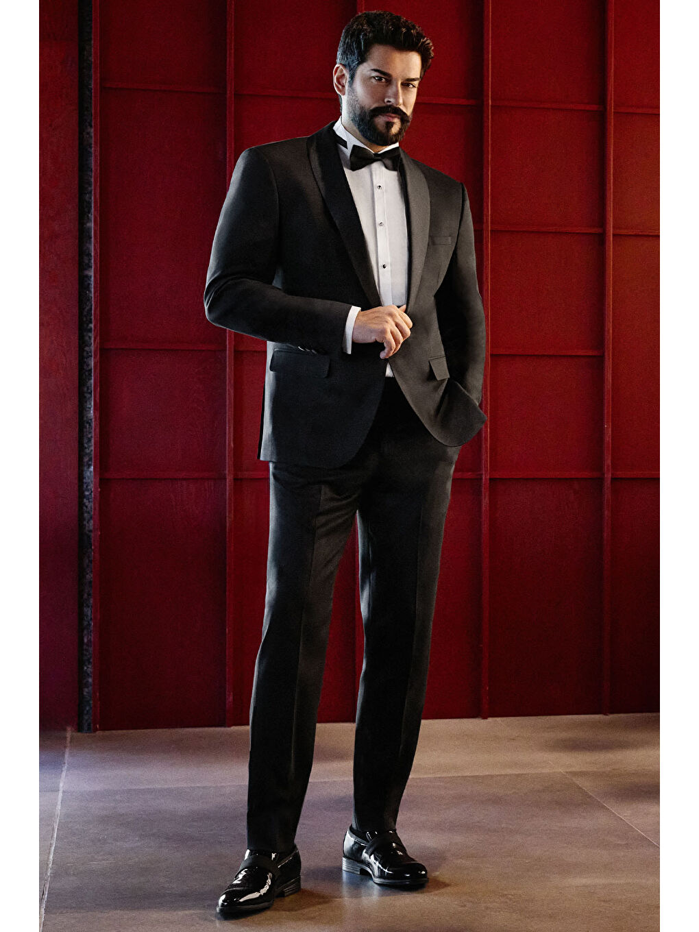 Erkek Siyah Slim Fit Dar Kesim Çıkma Şal Yaka Armürlü Damatlık Smokin Takımı-1