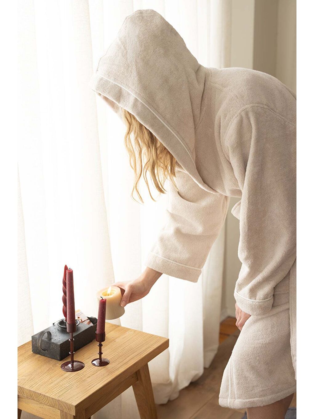 Miro %100 Pamuk Kadın Bornoz Bej-1