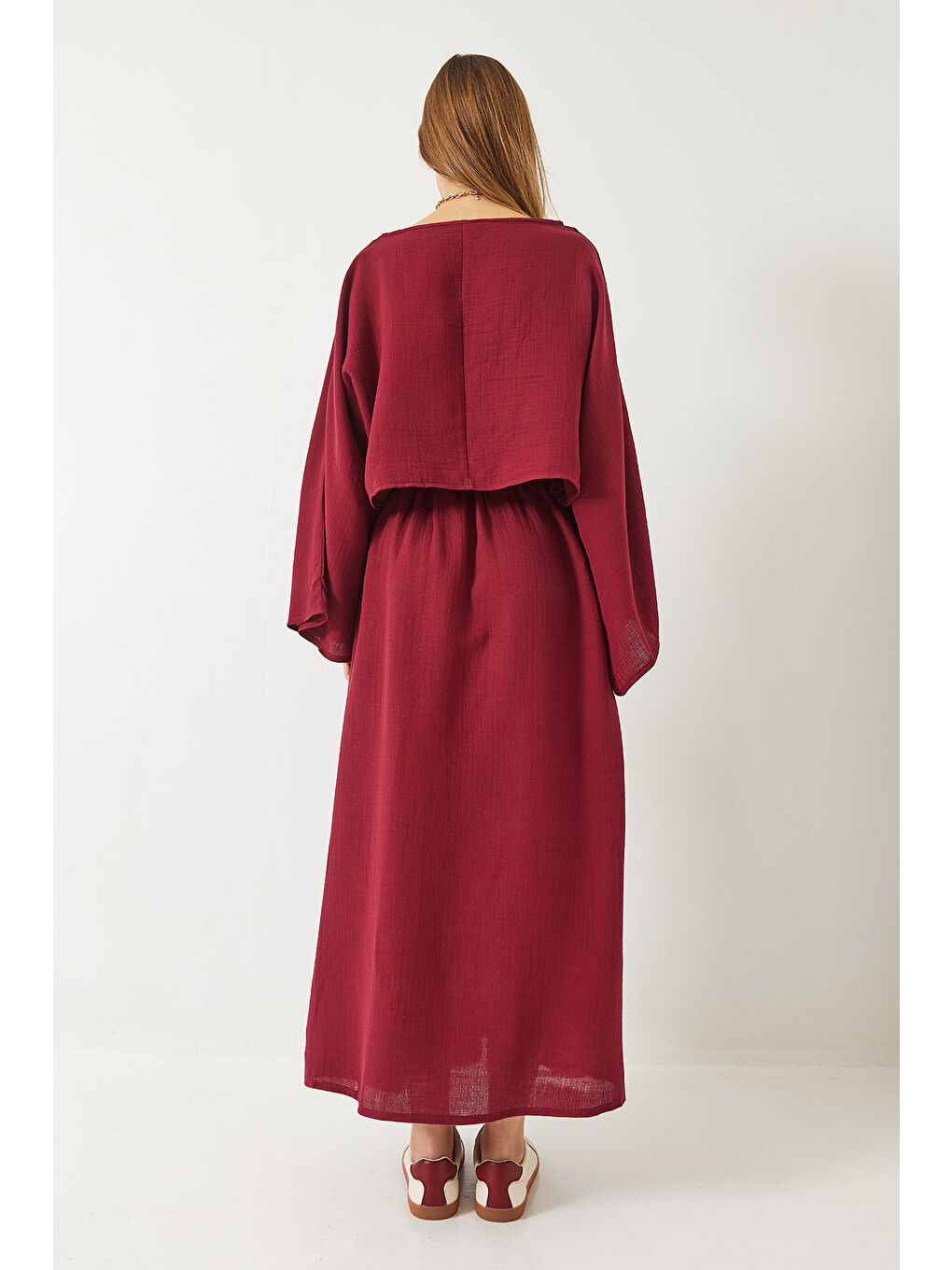 Bordo Kadın Yarasa Kol Croplu Beli Lastikli Yırtmaç Detay Etekli Müslin Takım-6