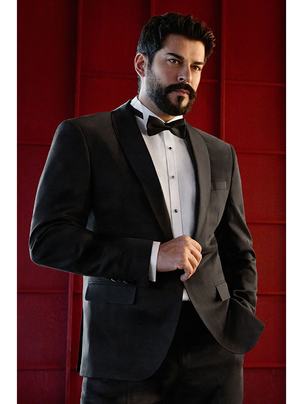 Erkek Siyah Slim Fit Dar Kesim Çıkma Şal Yaka Armürlü Damatlık Smokin Takımı-2