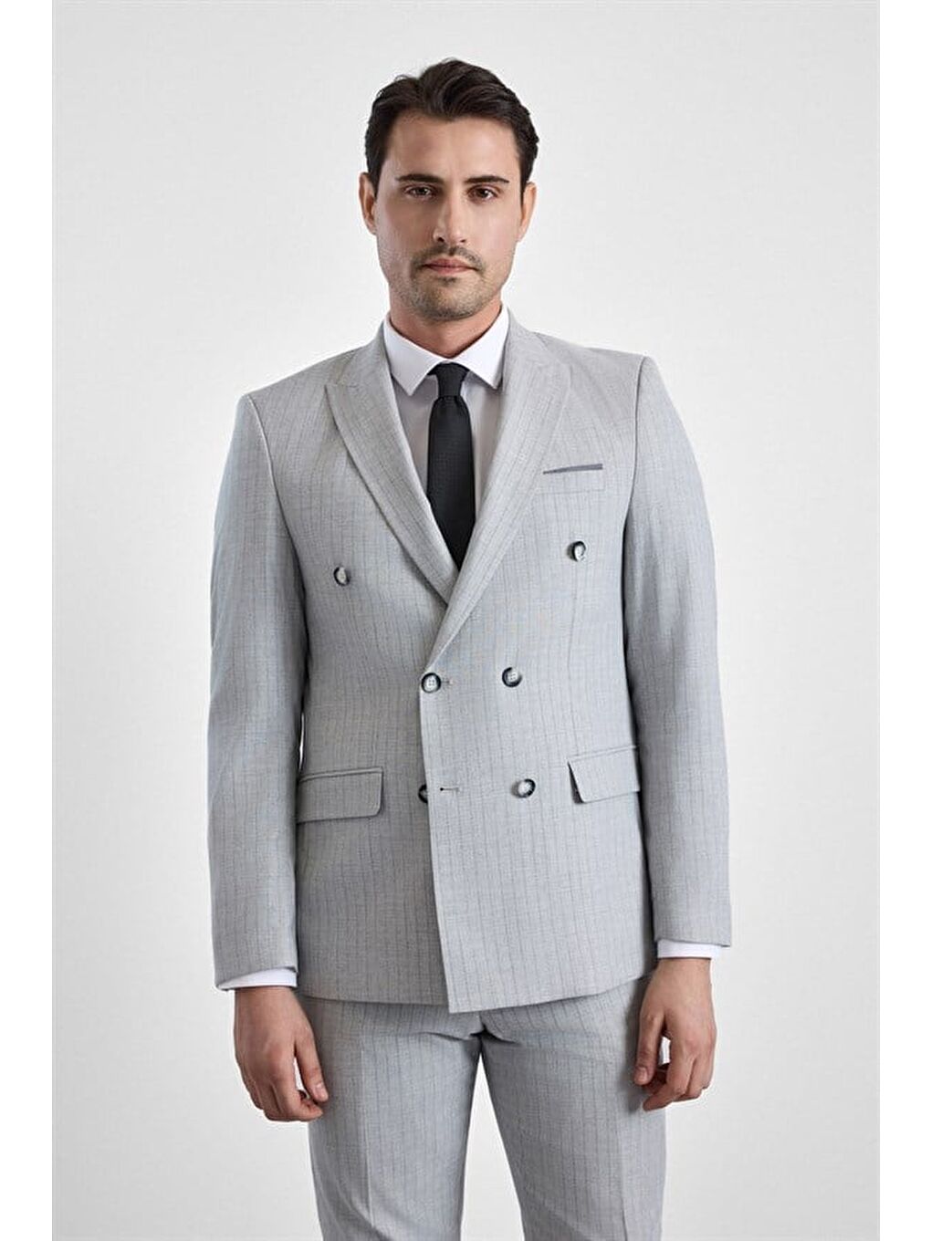 Gri Slim Kruvaze Yaka 6 Drop Takım Elbise-1