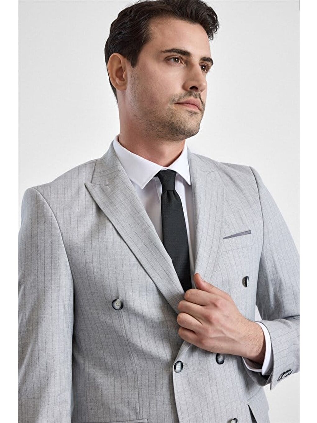 Gri Slim Kruvaze Yaka 6 Drop Takım Elbise-2