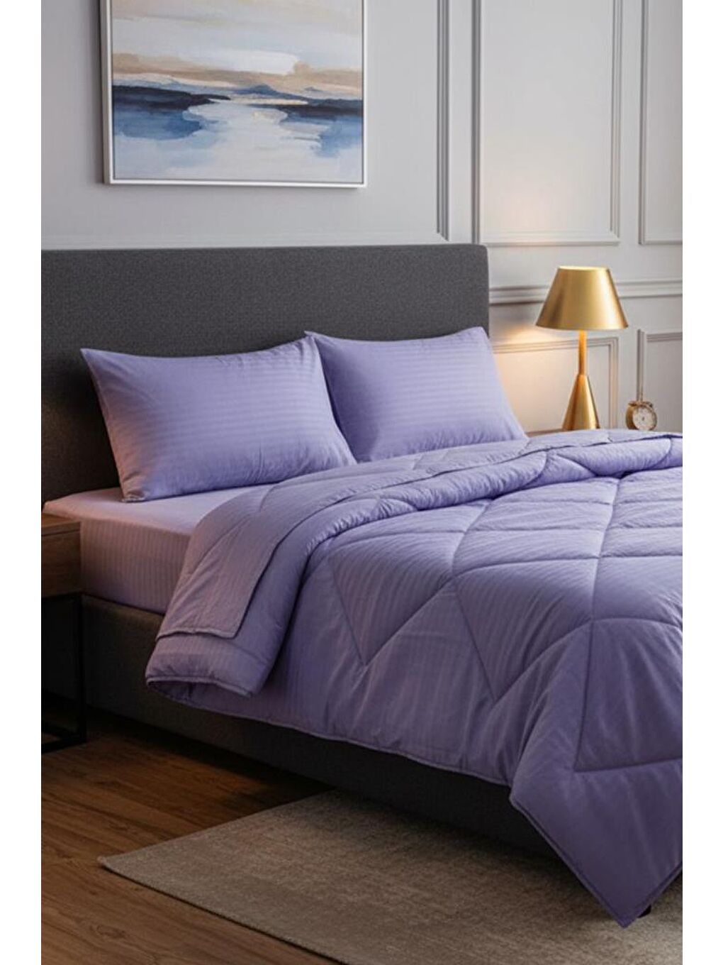 Satin Pollysaten Comforter Çift Kişilik Yorgan Seti Lila