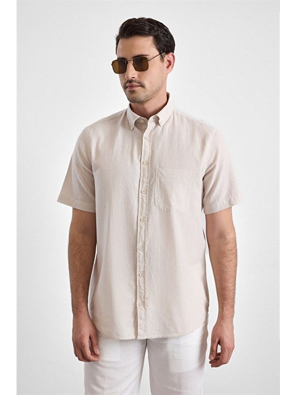 Bej Regular Düğmeli Yaka Düz Casual Gömlek