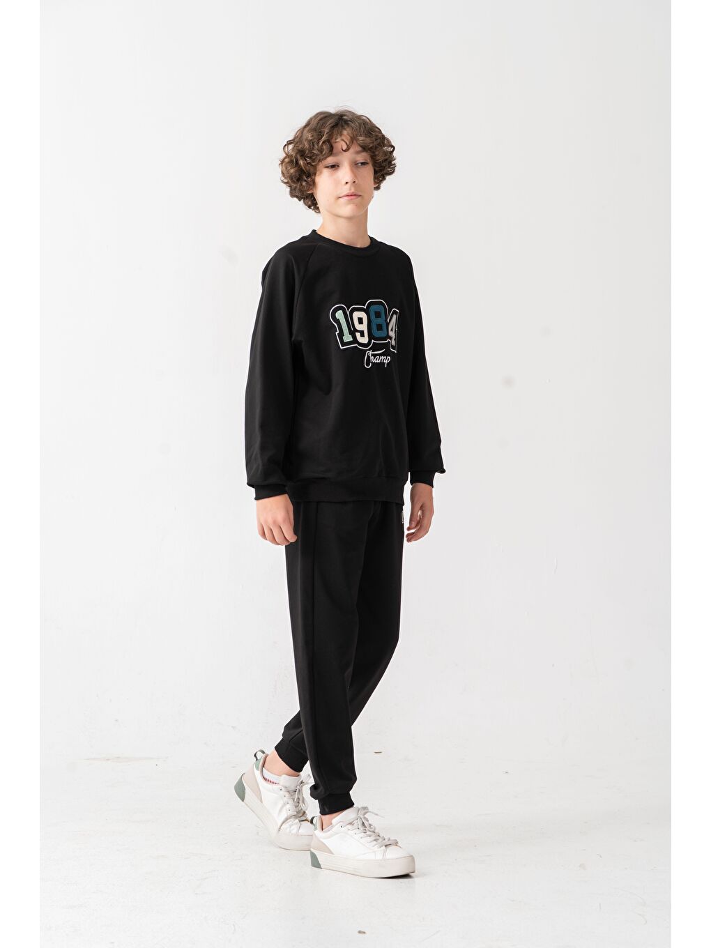 Siyah 1984 Champ Aplike Nakışlı Baskılı Erkek Çocuk Alt Üst Eşofman Takımı-1