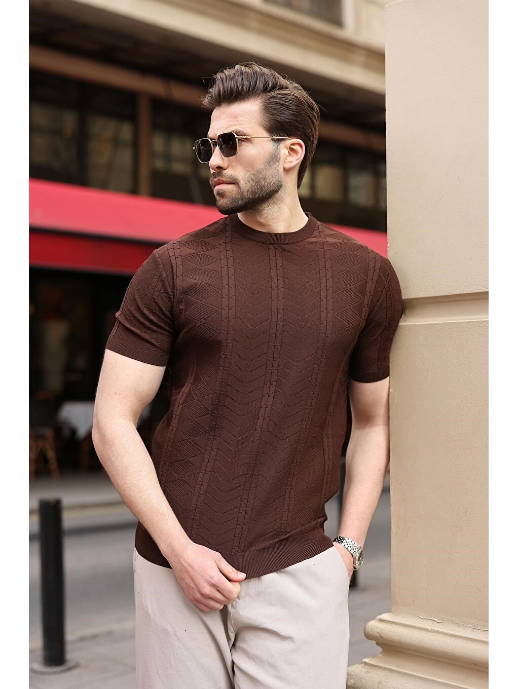 Kahverengi Bisiklet Yaka Slim Fit Triko Erkek Tişört E7466