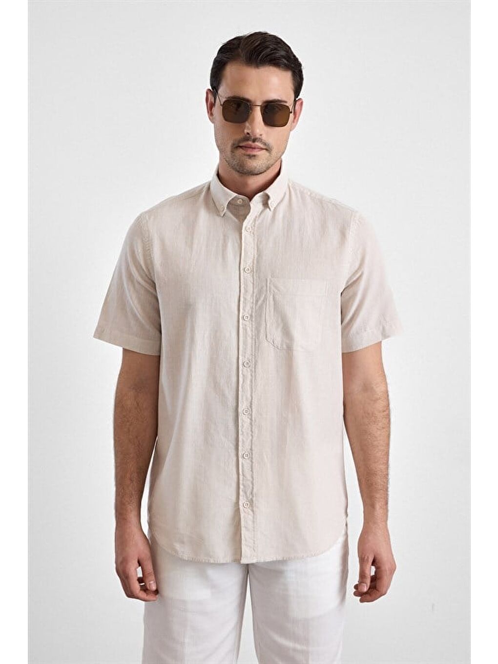 Bej Regular Düğmeli Yaka Düz Casual Gömlek-1