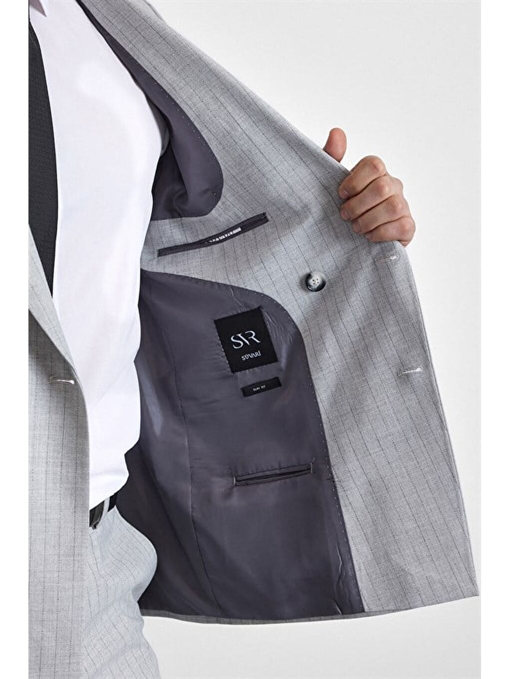 Gri Slim Kruvaze Yaka 6 Drop Takım Elbise-5