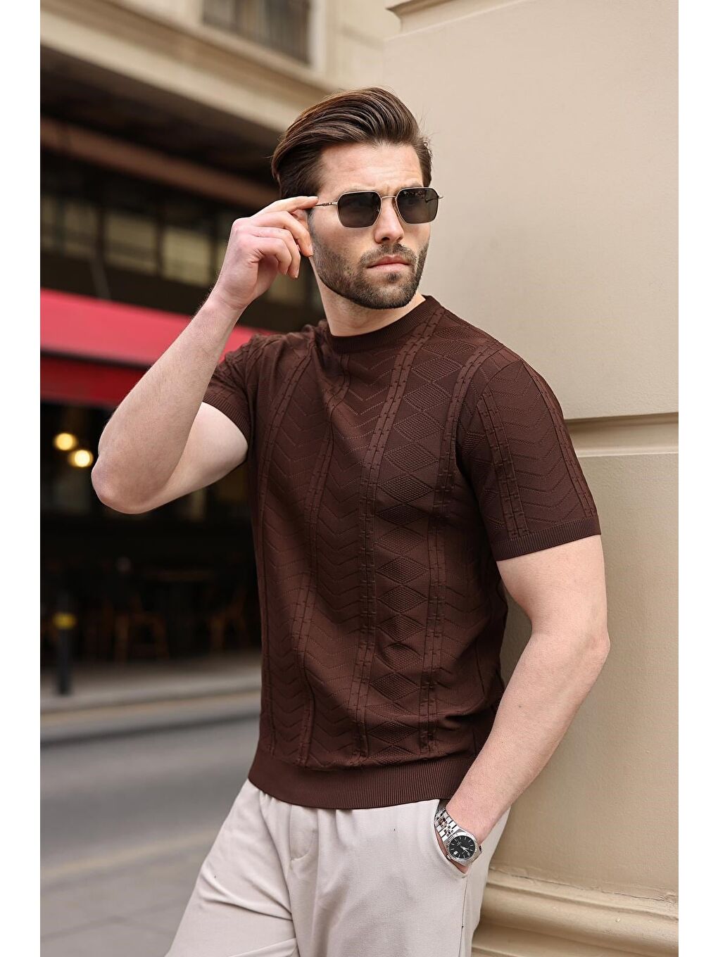 Kahverengi Bisiklet Yaka Slim Fit Triko Erkek Tişört E7466-1