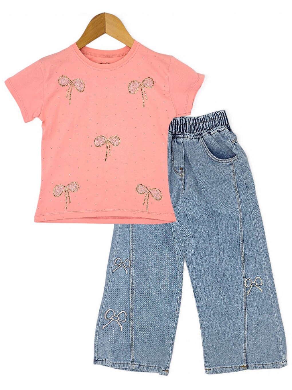 Pembe Kız Çocuk Yazlık Fiyonk Nakışlı 5-6-7-8-9-10 Yaş Geniş Paça Jean Pantolonlu Alt Üst-2
