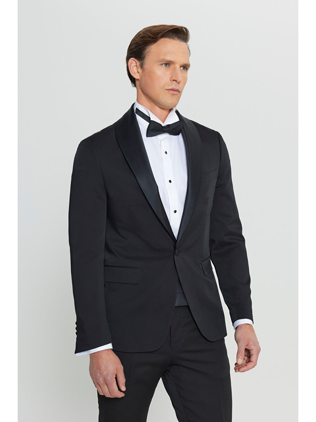 Erkek Siyah Slim Fit Dar Kesim Çıkma Şal Yaka Armürlü Damatlık Smokin Takımı-4