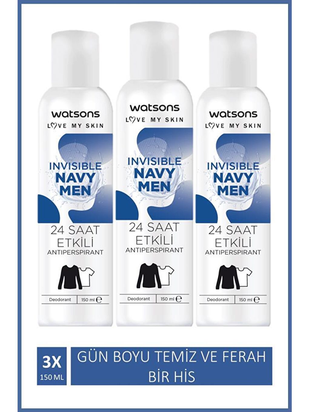 Watsons Invisible Navy Men Deodorant 150 ml X3 ADET