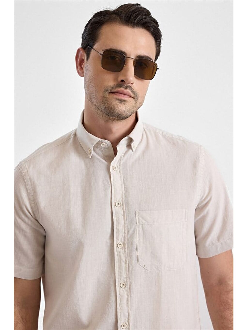 Bej Regular Düğmeli Yaka Düz Casual Gömlek-2