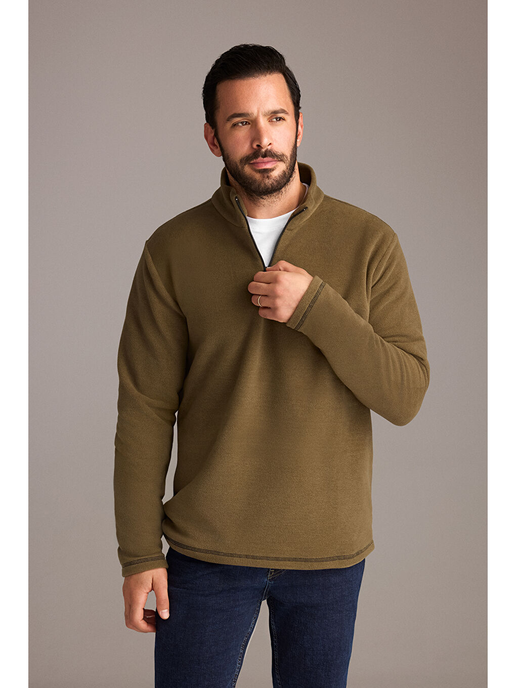 Haki Yarım Fermuarlı Nakışlı Polar Sweatshirt