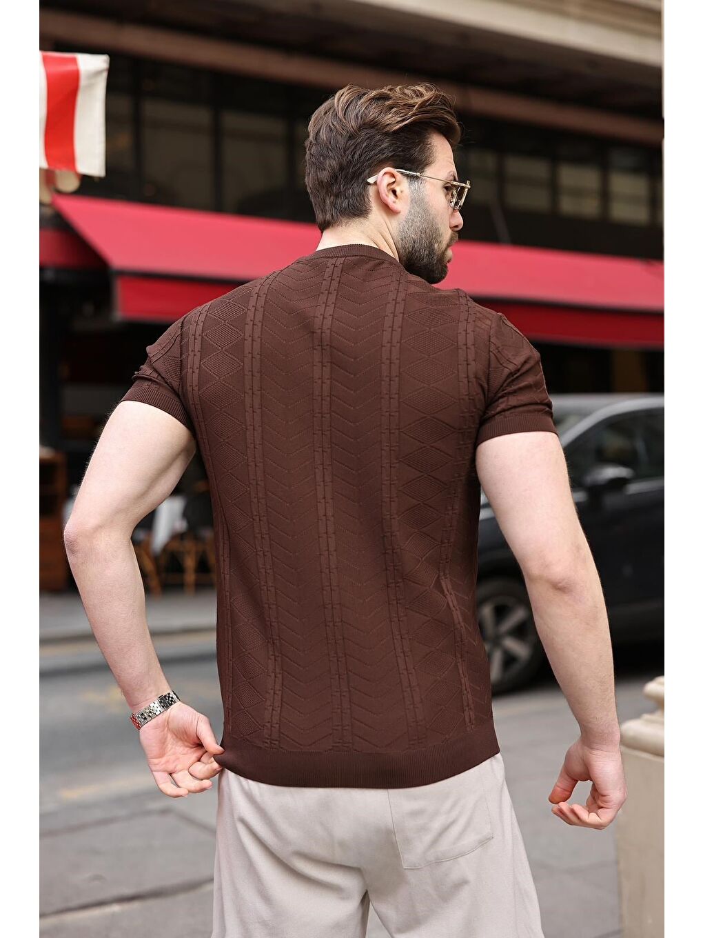 Kahverengi Bisiklet Yaka Slim Fit Triko Erkek Tişört E7466-3