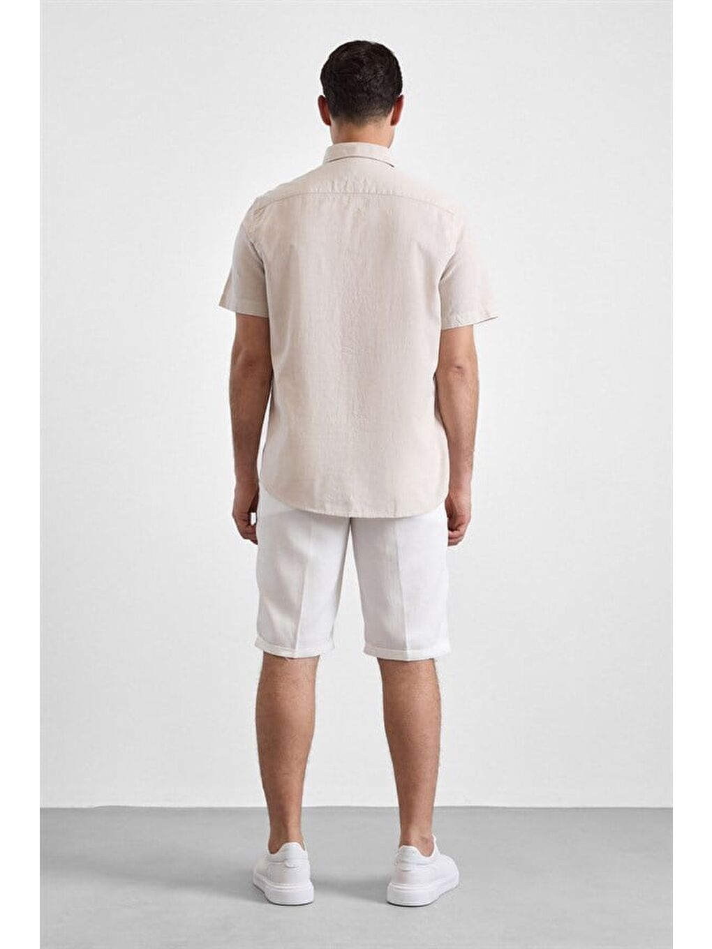 Bej Regular Düğmeli Yaka Düz Casual Gömlek-3