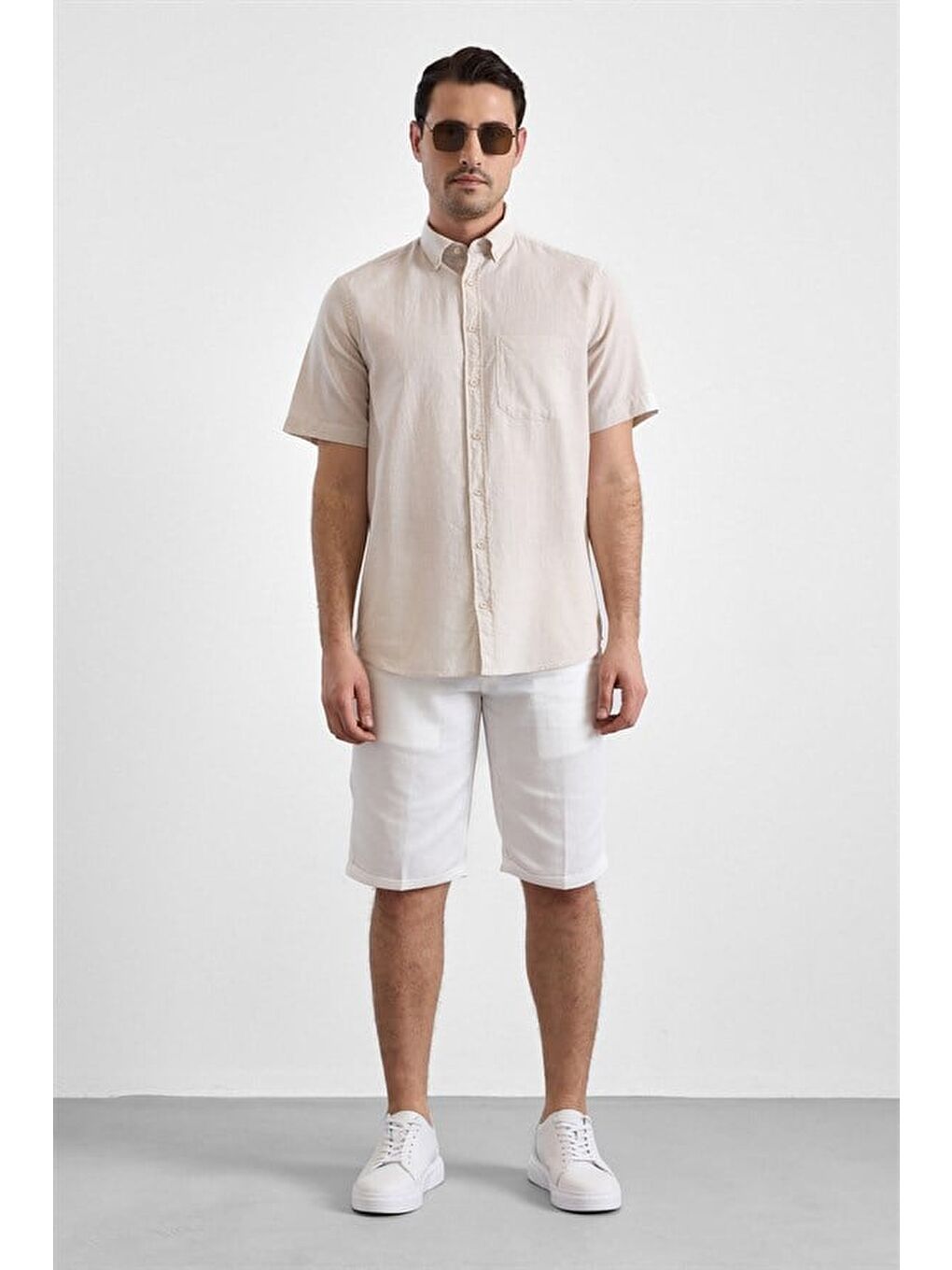 Bej Regular Düğmeli Yaka Düz Casual Gömlek-4