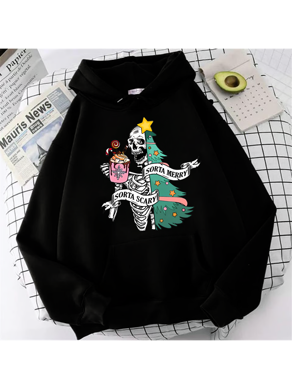 Touz Moda Skeleton Noel Baskılı Siyah Unisex Oversize Kapüşonlu Sweatshirt - 1