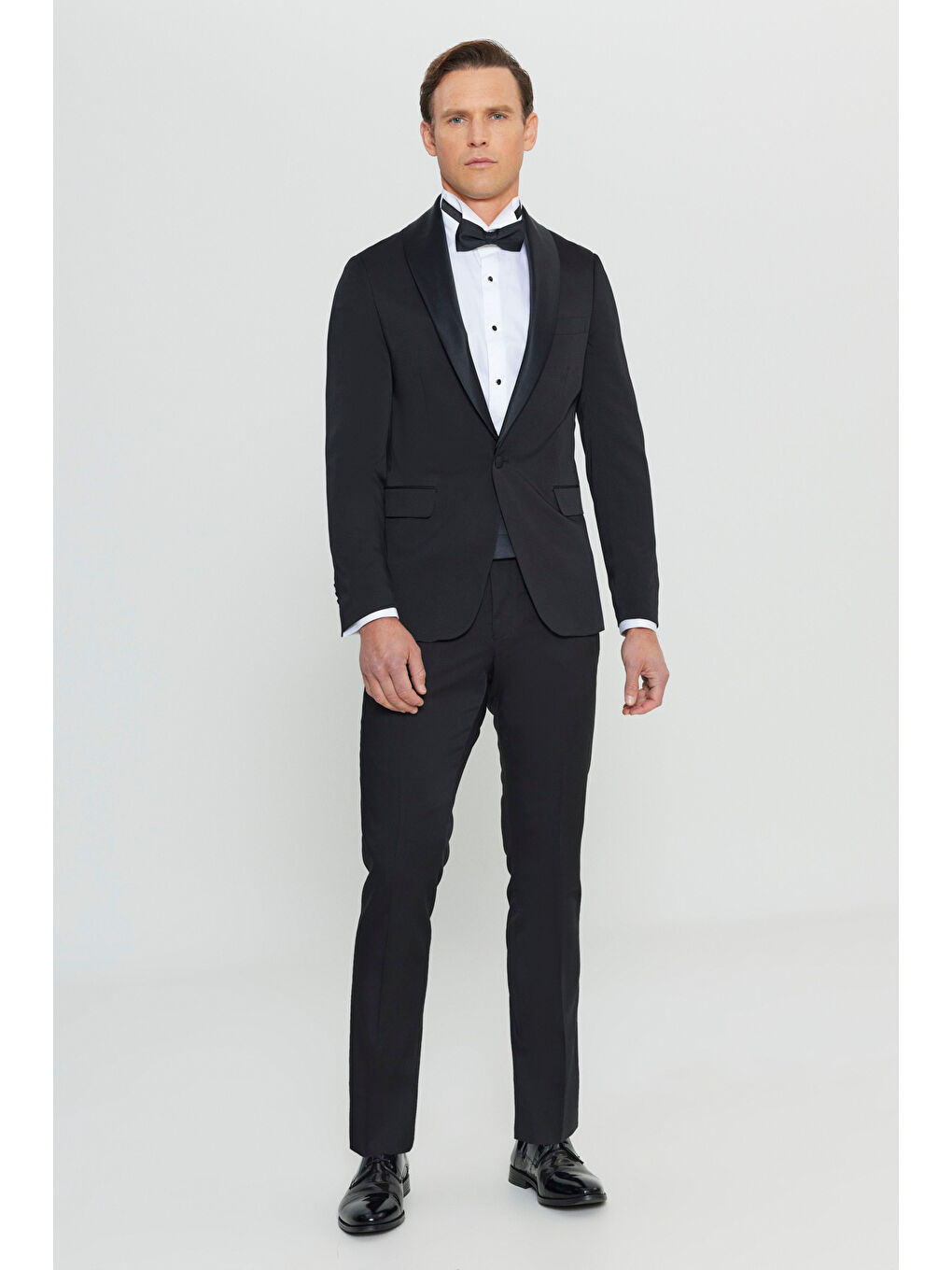 Erkek Siyah Slim Fit Dar Kesim Çıkma Şal Yaka Armürlü Damatlık Smokin Takımı-5
