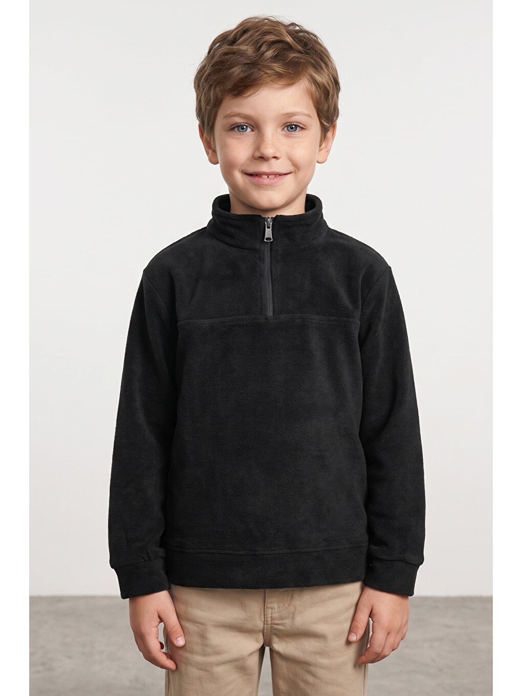 Siyah Yarım Fermuarlı Polar Erkek Çocuk Sweatshirt-1