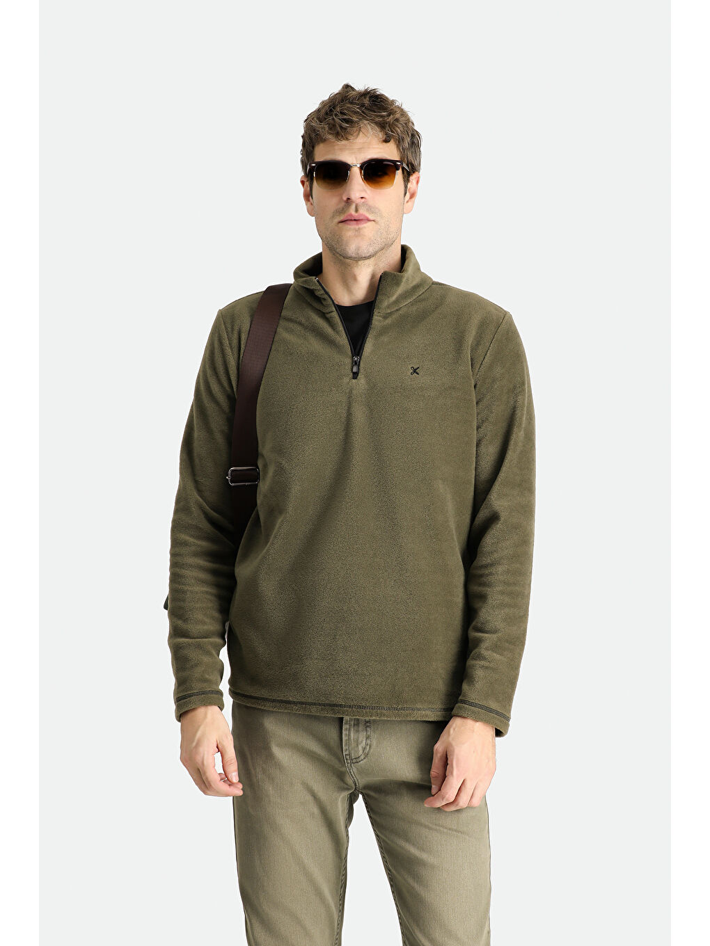 Haki Yarım Fermuarlı Nakışlı Polar Sweatshirt-2