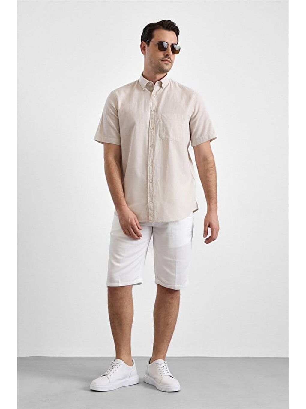 Bej Regular Düğmeli Yaka Düz Casual Gömlek-5