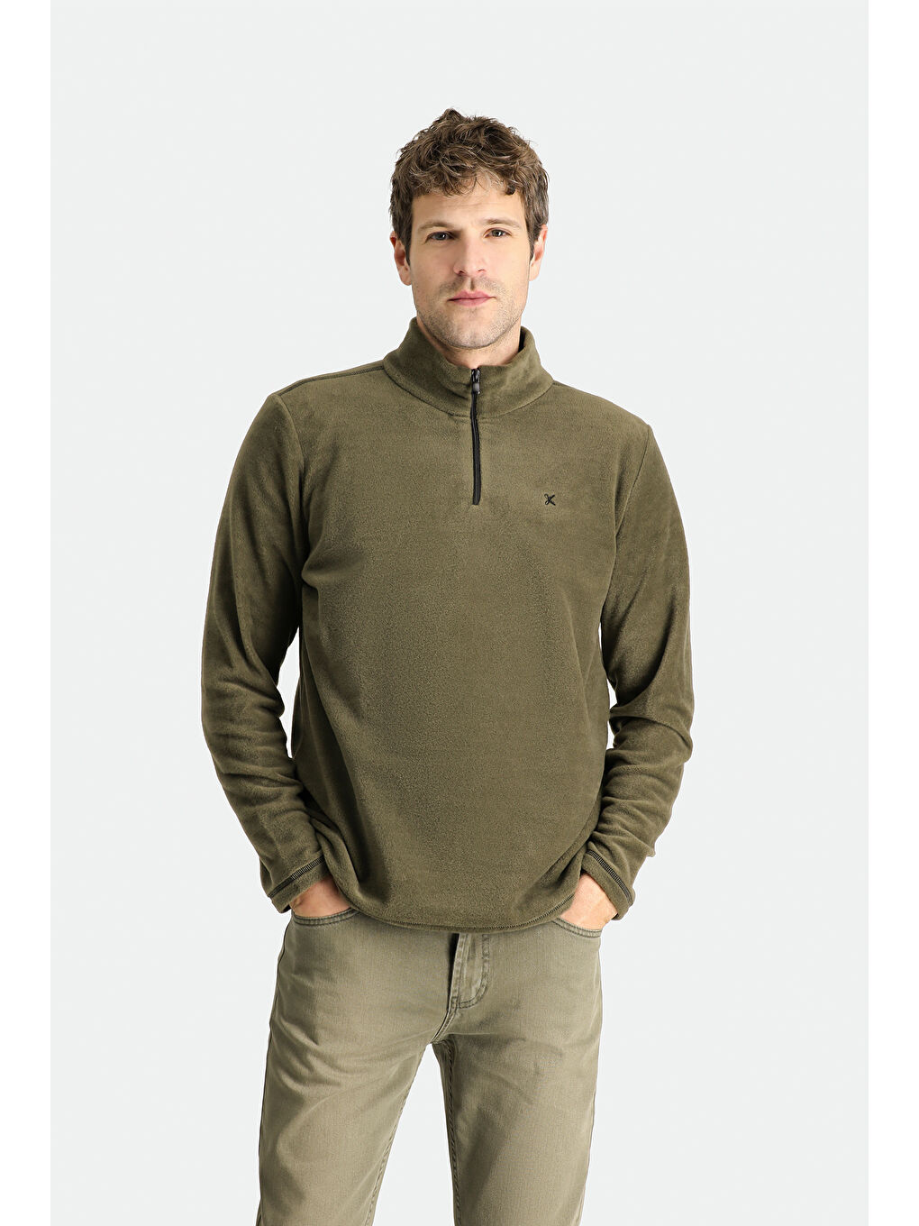 Haki Yarım Fermuarlı Nakışlı Polar Sweatshirt-3