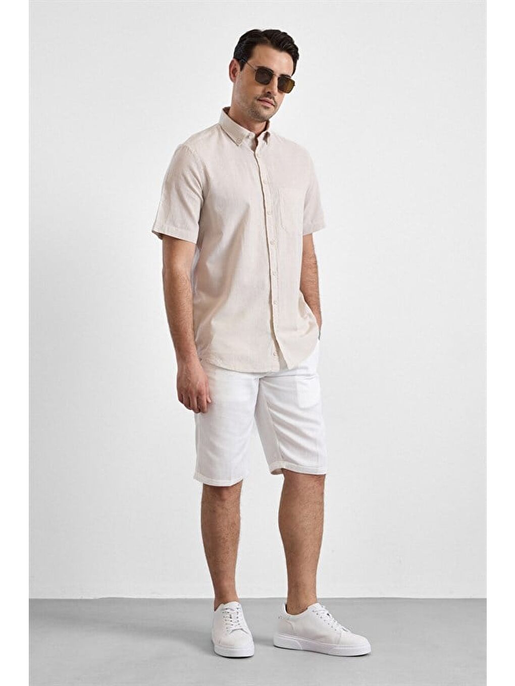 Bej Regular Düğmeli Yaka Düz Casual Gömlek-6